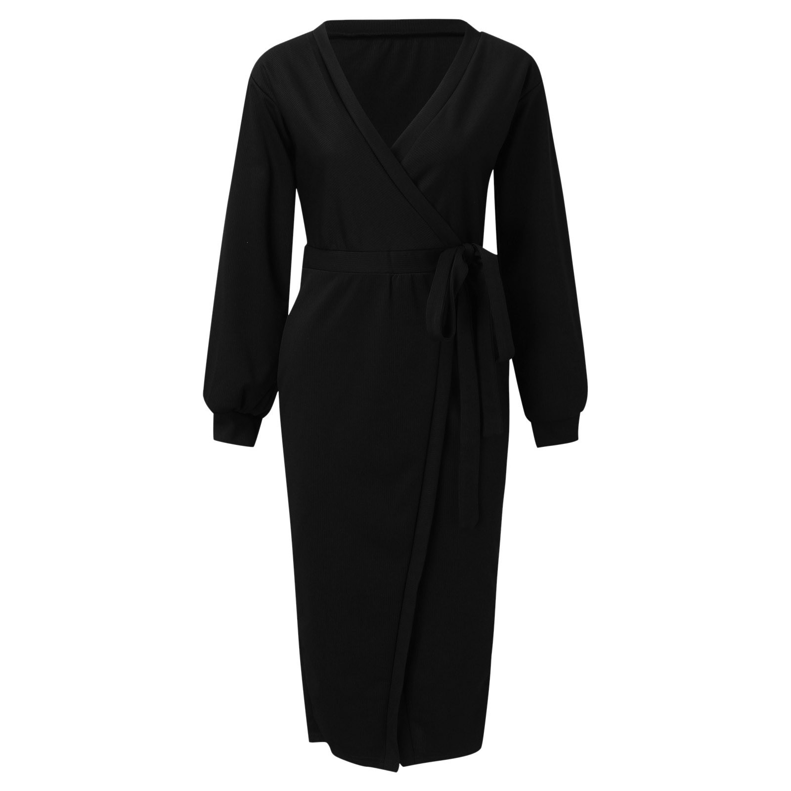 thumbnail image 5 of Vestido de punto con cuello en V y cinturón para mujer: elegante vestido de manga larga para otoño-invierno, cintura estilizante, tallas S-XXL, 5 of 6